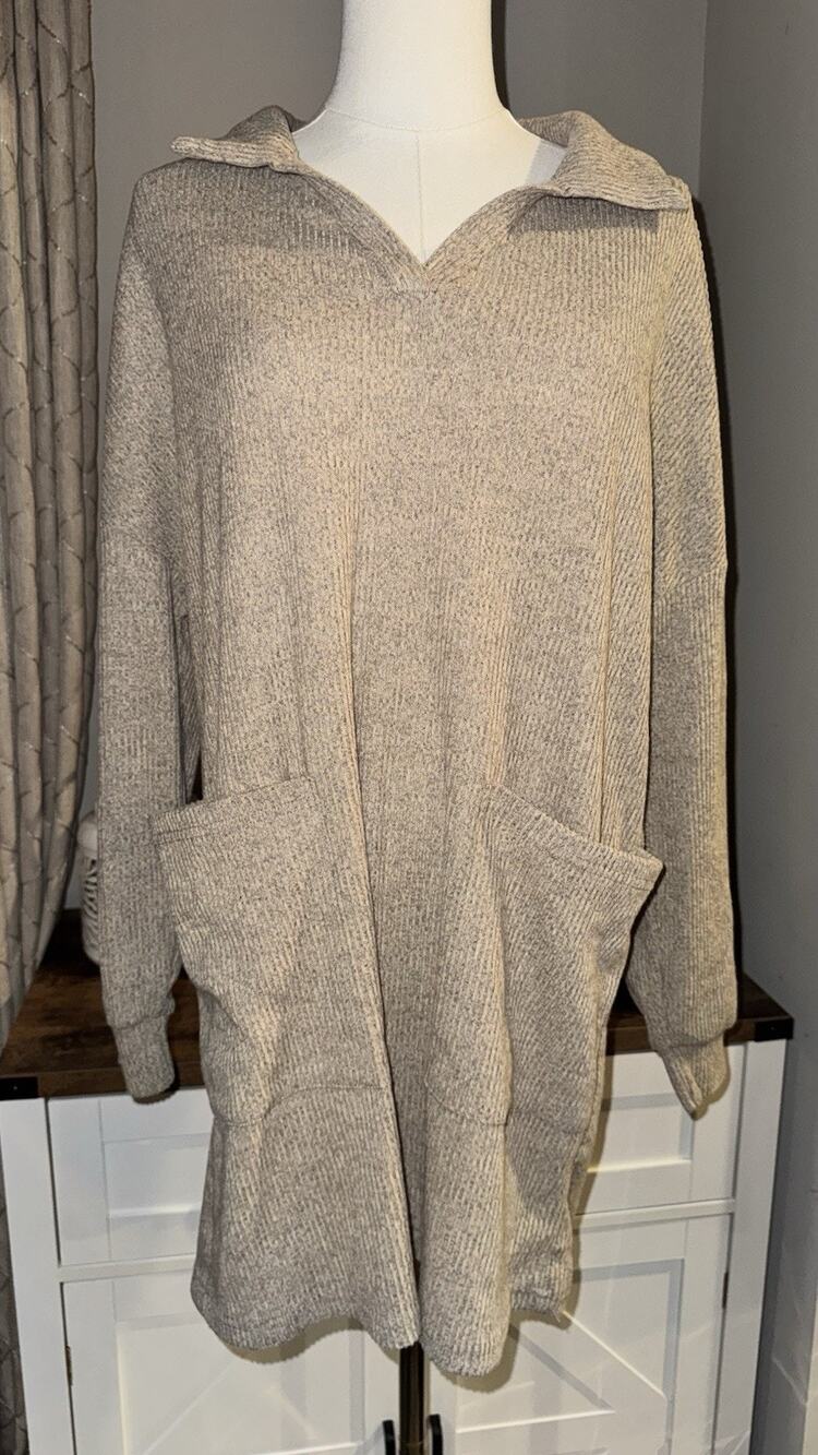 Kohls Fashion Sweater Dress Womens M Taupe Gray Ribbed Knit Collared Tunic NWT